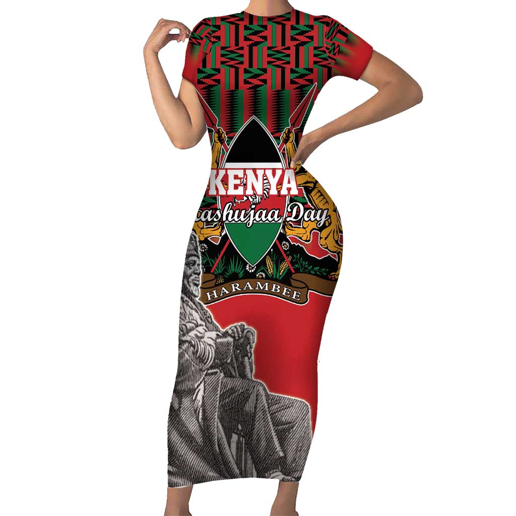 Personalized Kenya Mashujaa Day Short Sleeve Bodycon Dress Mzee Jomo Kenyatta With Coat Of Arms