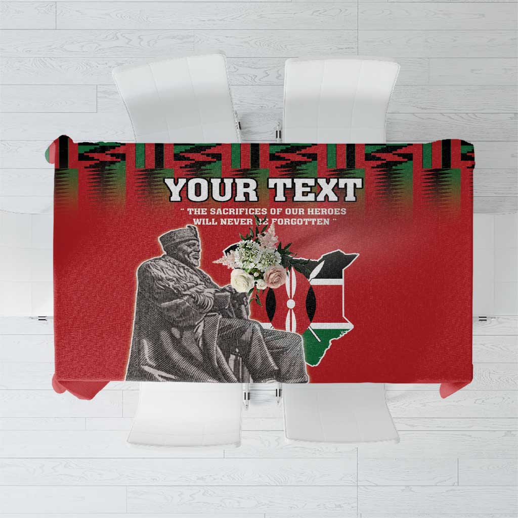 Red personalized tablecloth panel with text and grayscale portrait over coat of arms
