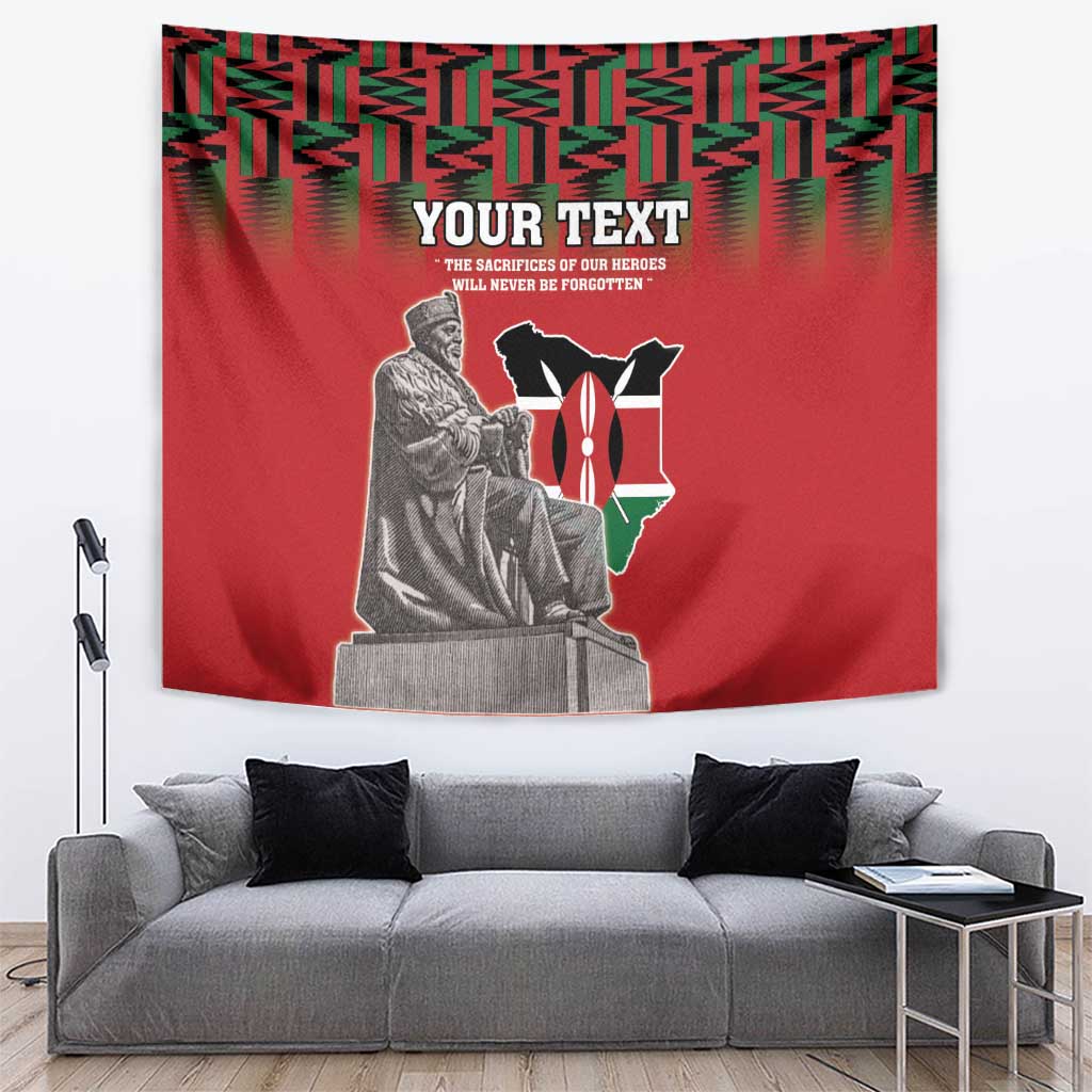 Red hanging tapestry with green geometric border, statue portrait and coat of arms.