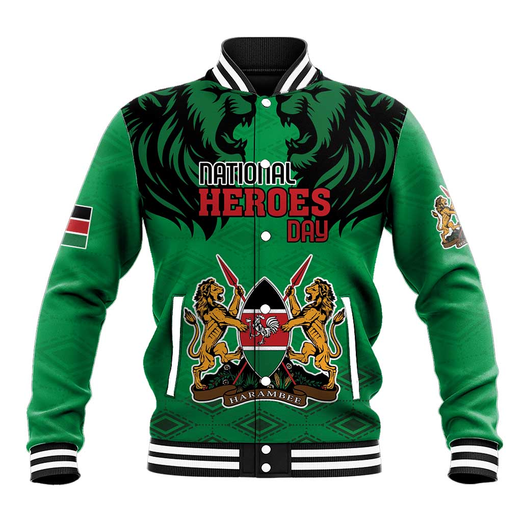 Green baseball jacket with National Heroes Day front graphic, striped ribbed collar