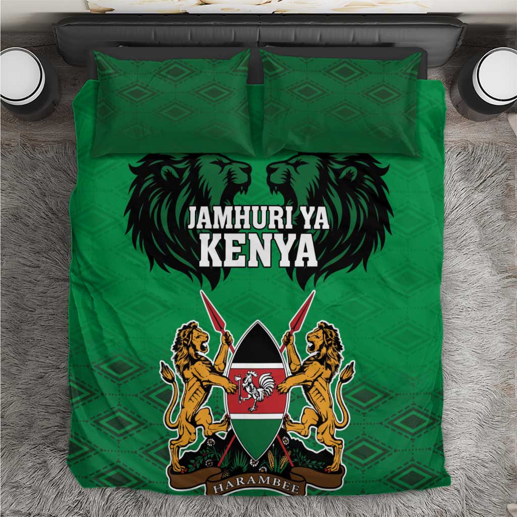 Kenya National Heroes Day bedding set with green lion and coat of arms front panel