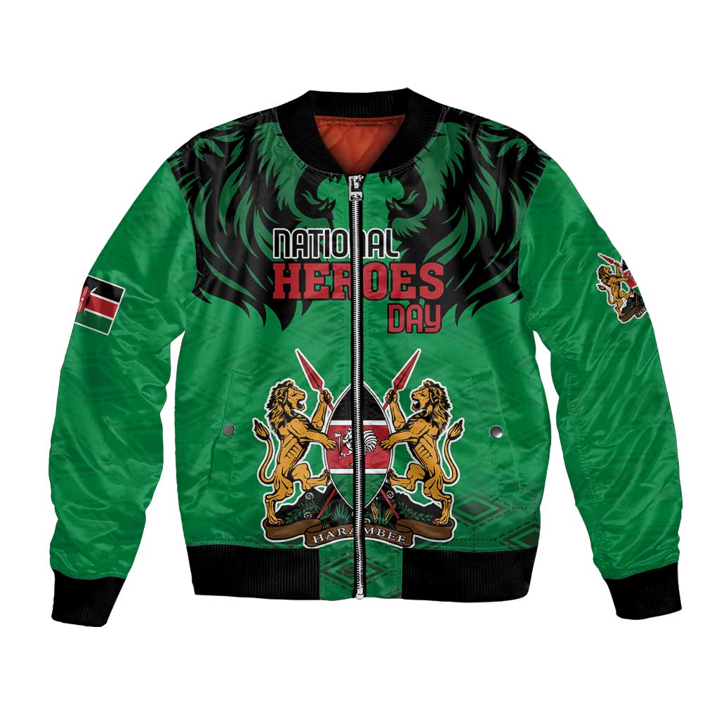 Green bomber jacket with lion head graphic, front zipper, black ribbed cuffs