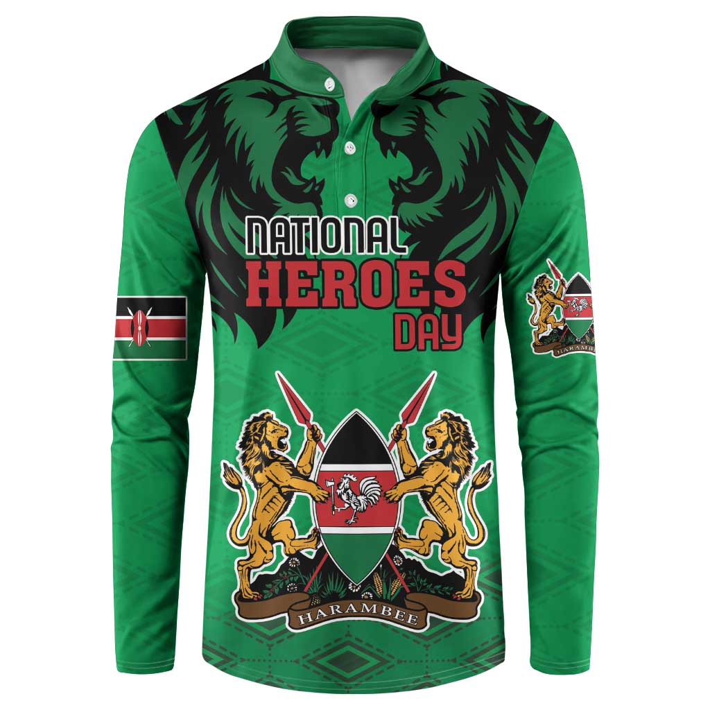 Green button sweatshirt with National Heroes Day lion and coat of arms graphic