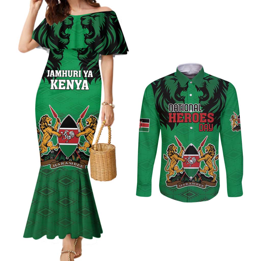 Kenya National Heroes Day Couples Matching Mermaid Dress and Long Sleeve Button Shirt Mashujaa With Lion Head And Coat Of Arms