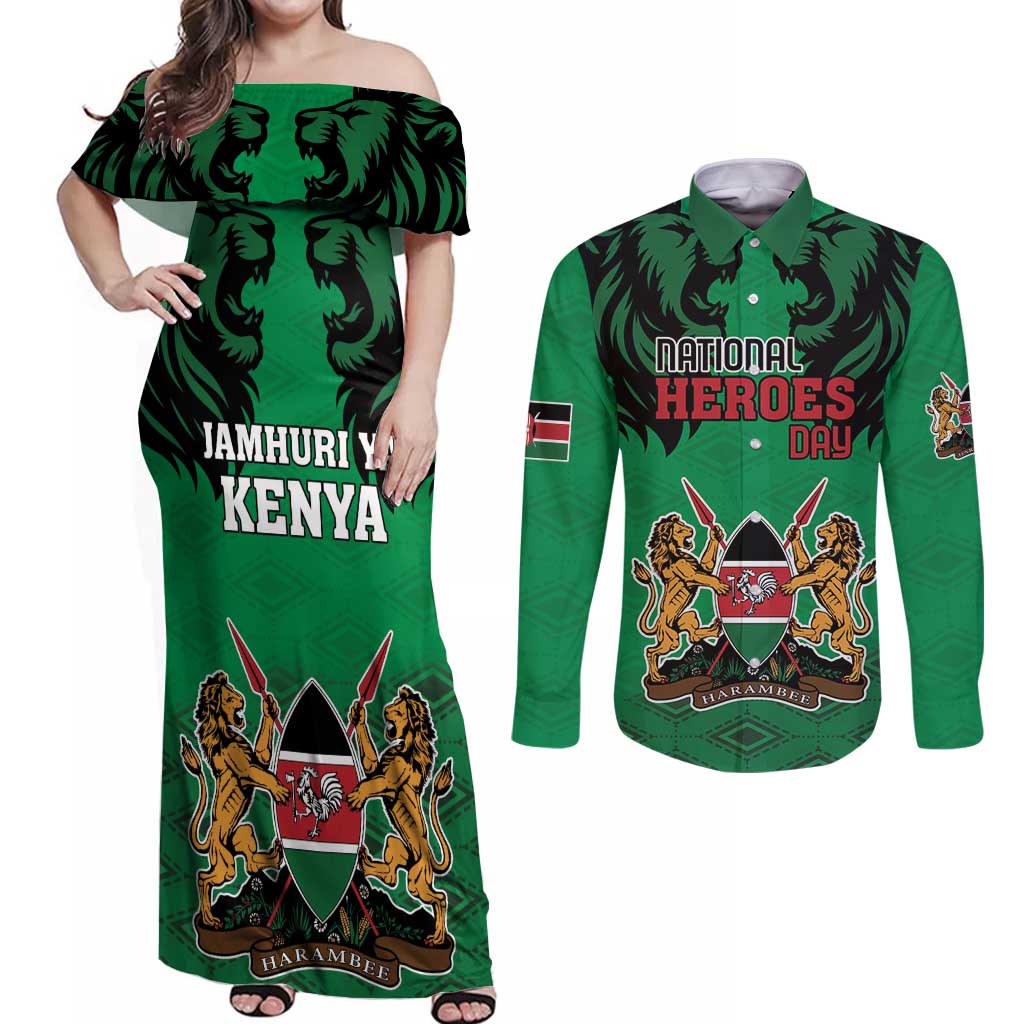 Kenya National Heroes Day Couples Matching Off Shoulder Maxi Dress and Long Sleeve Button Shirt Mashujaa With Lion Head And Coat Of Arms