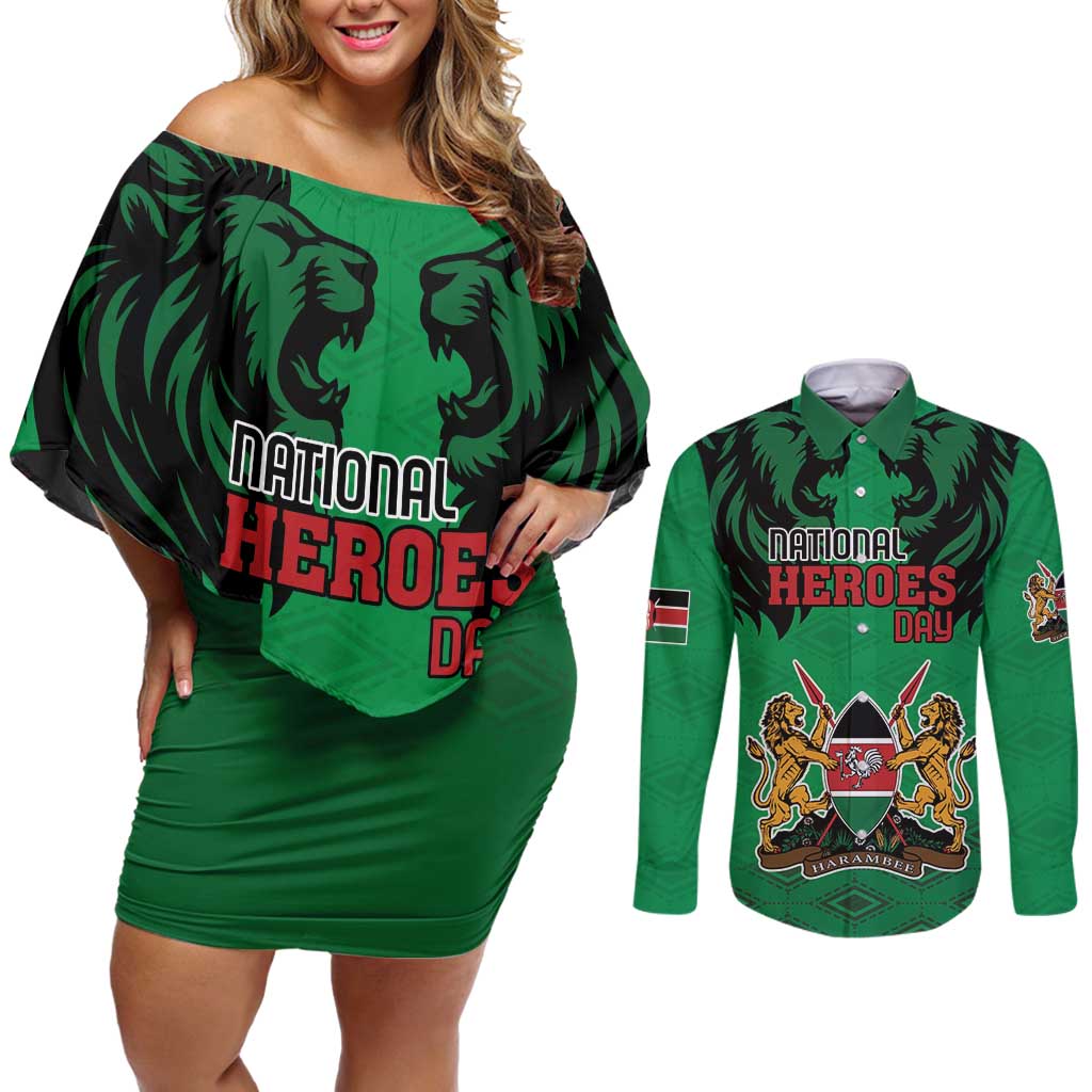 Kenya National Heroes Day Couples Matching Off Shoulder Short Dress and Long Sleeve Button Shirt Mashujaa With Lion Head And Coat Of Arms