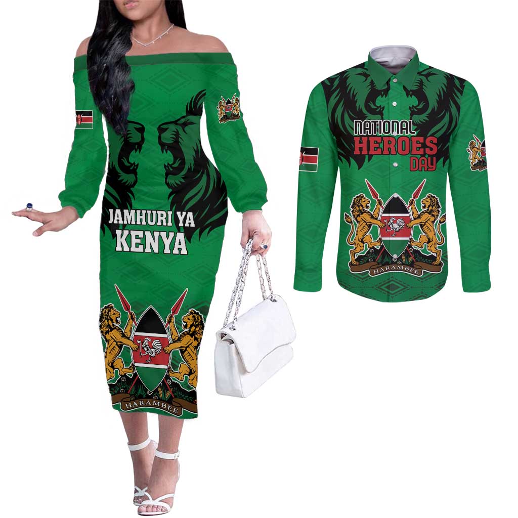 Kenya National Heroes Day Couples Matching Off The Shoulder Long Sleeve Dress and Long Sleeve Button Shirt Mashujaa With Lion Head And Coat Of Arms