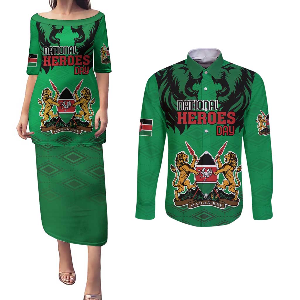 Kenya National Heroes Day Couples Matching Puletasi and Long Sleeve Button Shirt Mashujaa With Lion Head And Coat Of Arms