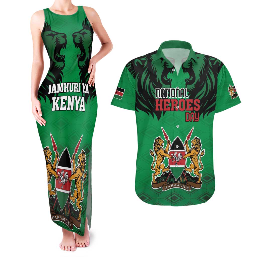 Kenya National Heroes Day Couples Matching Tank Maxi Dress and Hawaiian Shirt Mashujaa With Lion Head And Coat Of Arms