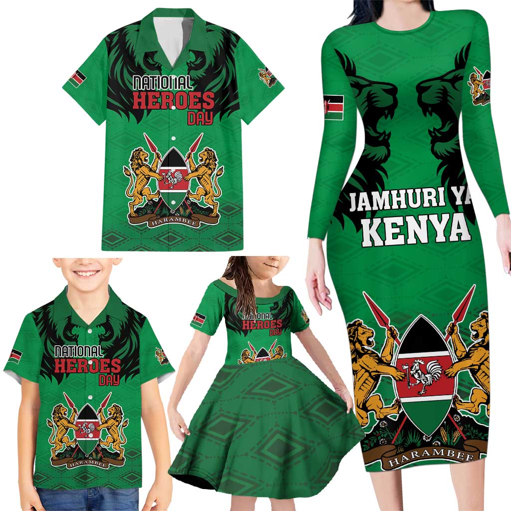 Kenya National Heroes Day Family Matching Long Sleeve Bodycon Dress and Hawaiian Shirt Mashujaa With Lion Head And Coat Of Arms