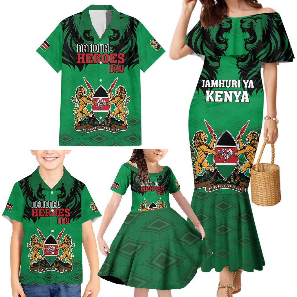 Kenya National Heroes Day Family Matching Mermaid Dress and Hawaiian Shirt Mashujaa With Lion Head And Coat Of Arms