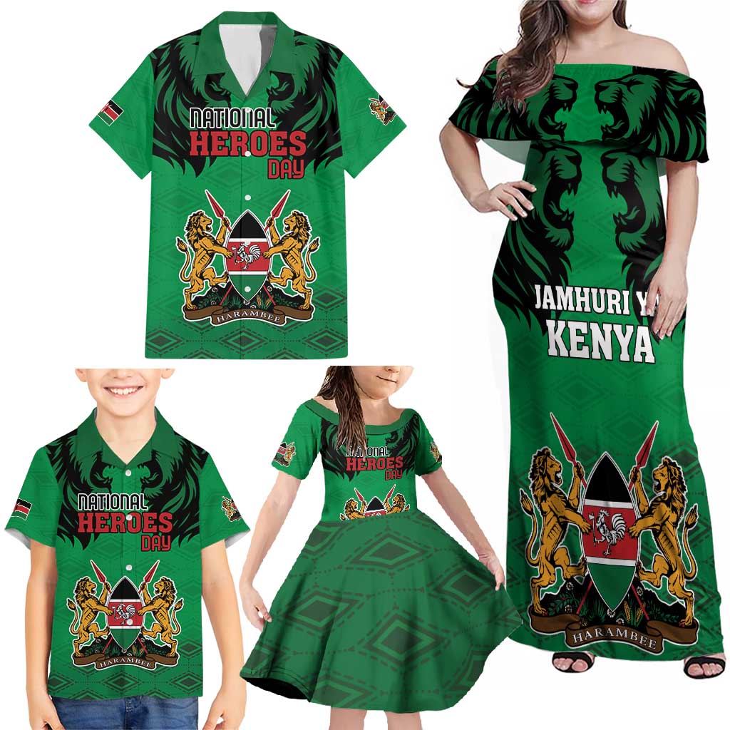 Kenya National Heroes Day Family Matching Off Shoulder Maxi Dress and Hawaiian Shirt Mashujaa With Lion Head And Coat Of Arms