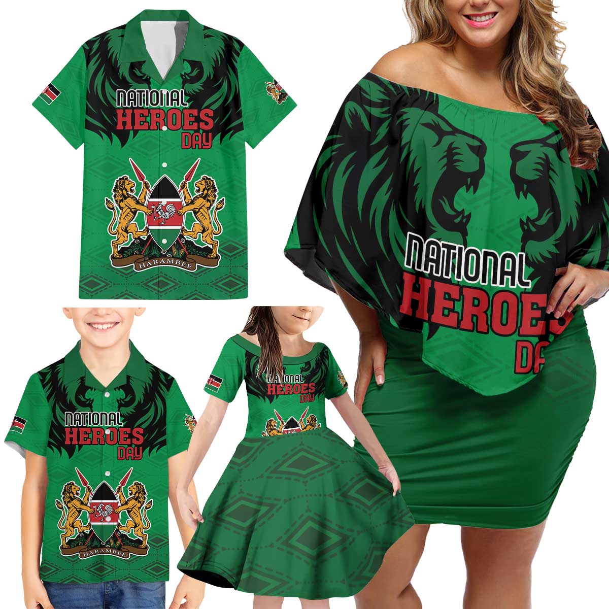 Kenya National Heroes Day Family Matching Off Shoulder Short Dress and Hawaiian Shirt Mashujaa With Lion Head And Coat Of Arms