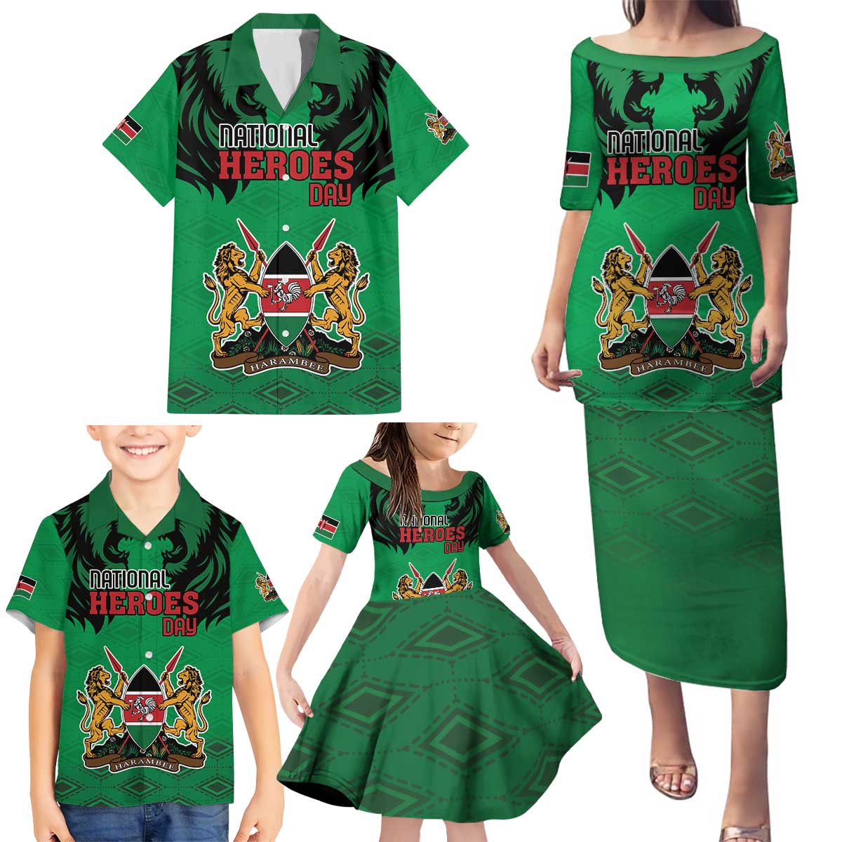 Kenya National Heroes Day Family Matching Puletasi and Hawaiian Shirt Mashujaa With Lion Head And Coat Of Arms