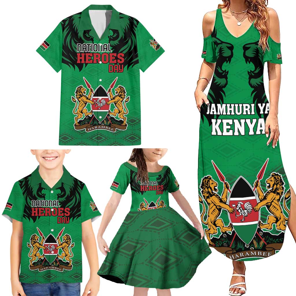 Kenya National Heroes Day Family Matching Summer Maxi Dress and Hawaiian Shirt Mashujaa With Lion Head And Coat Of Arms