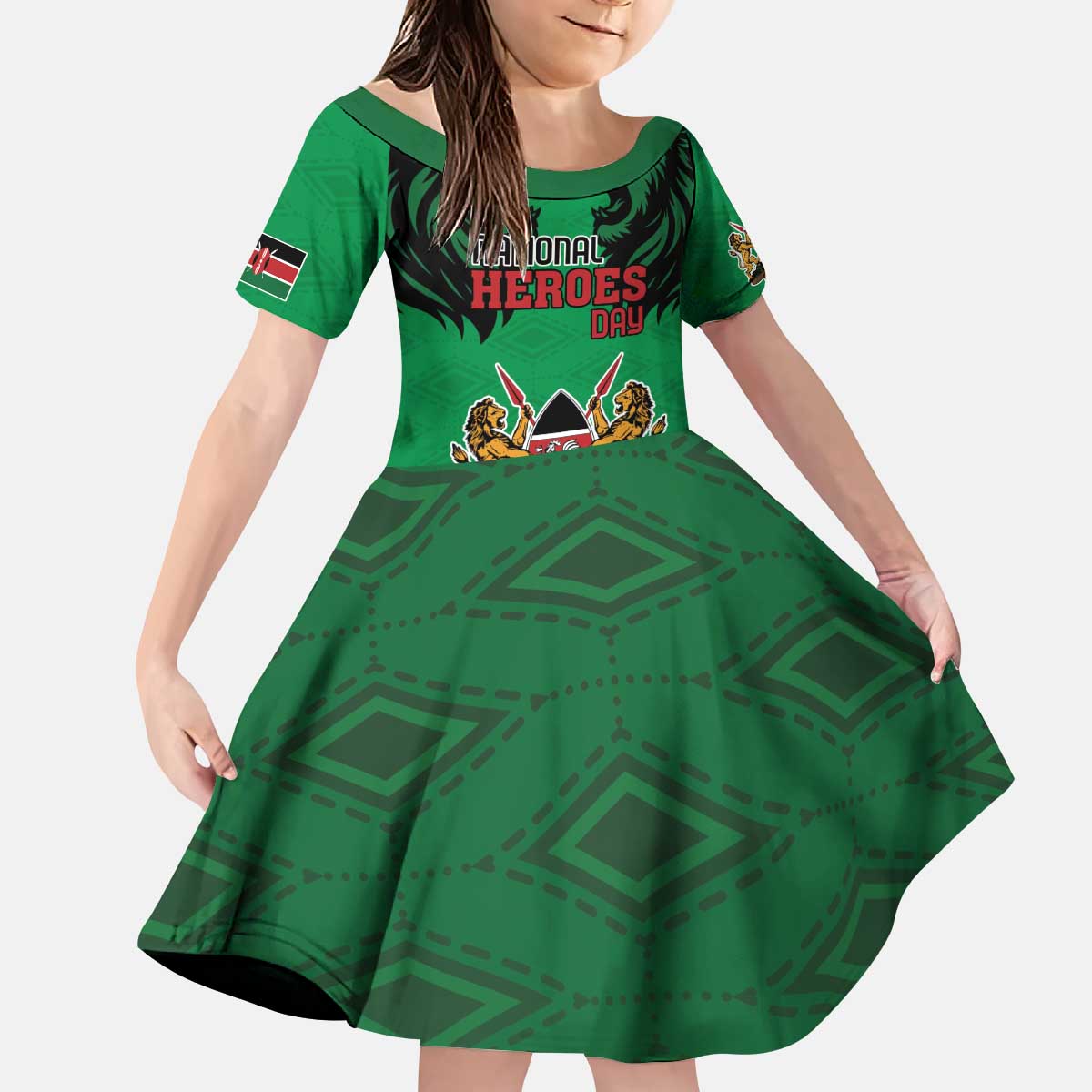 Kenya National Heroes Day Kid Short Sleeve Dress Mashujaa With Lion Head And Coat Of Arms