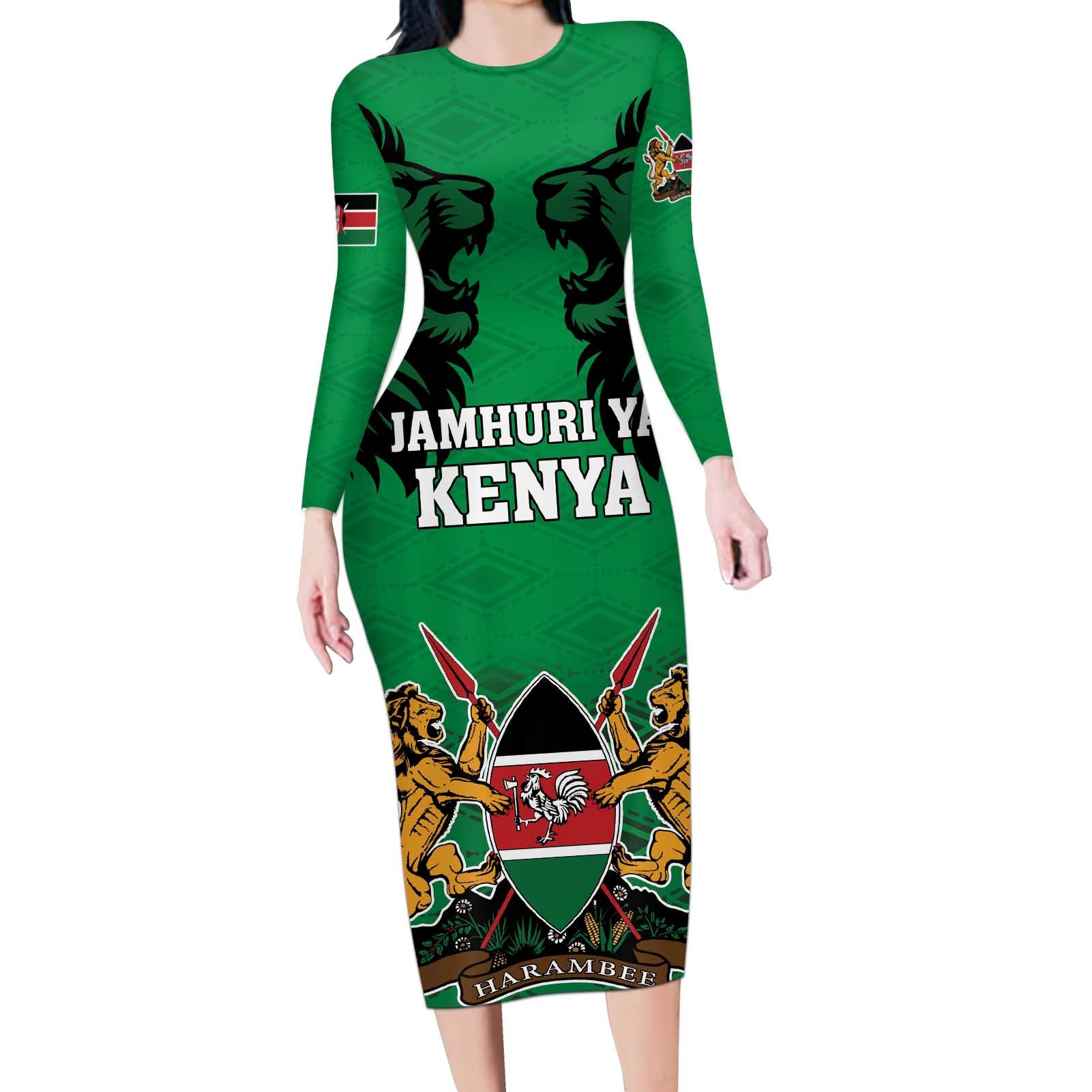 Kenya National Heroes Day Long Sleeve Bodycon Dress Mashujaa With Lion Head And Coat Of Arms