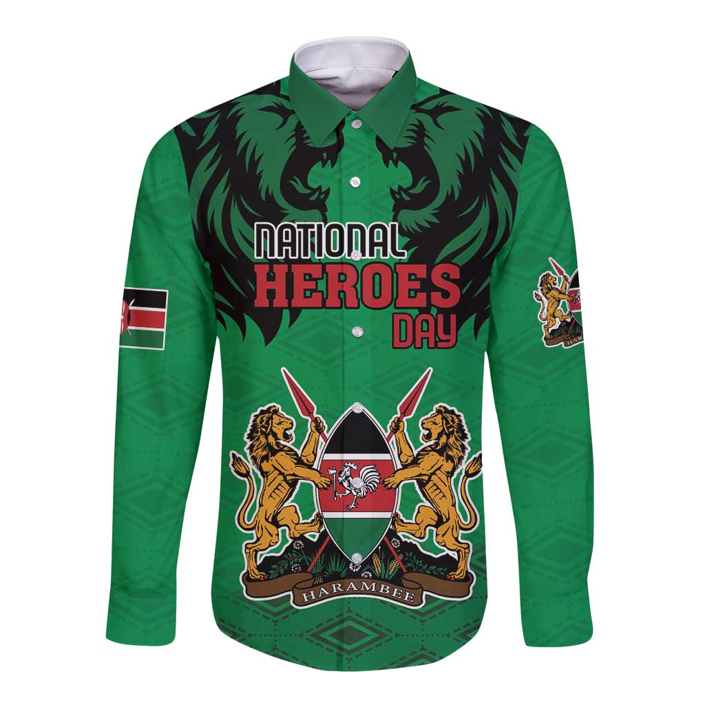 Green long-sleeve button shirt with lion crest and National Heroes Day print
