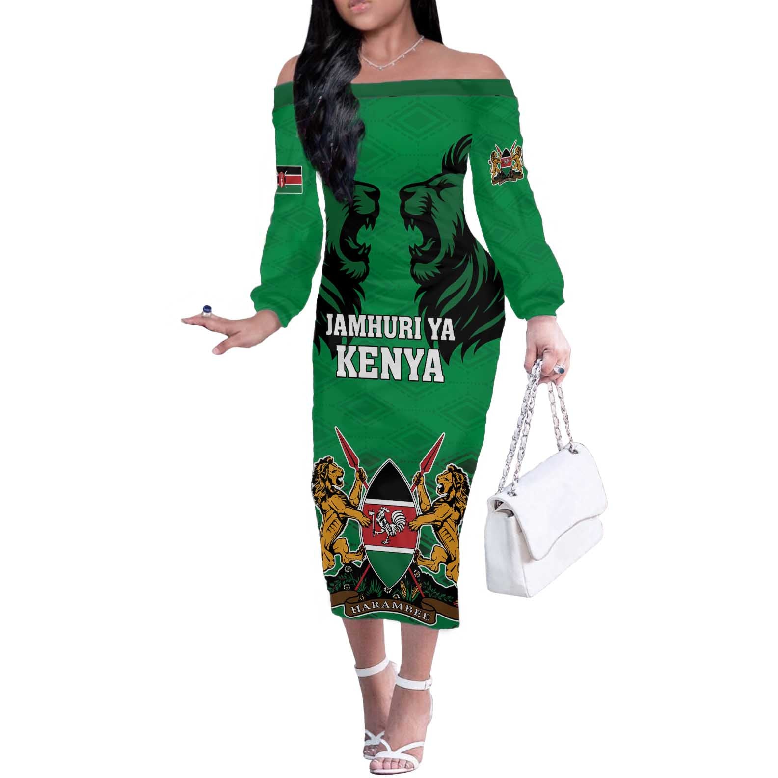 Kenya National Heroes Day Off The Shoulder Long Sleeve Dress Mashujaa With Lion Head And Coat Of Arms