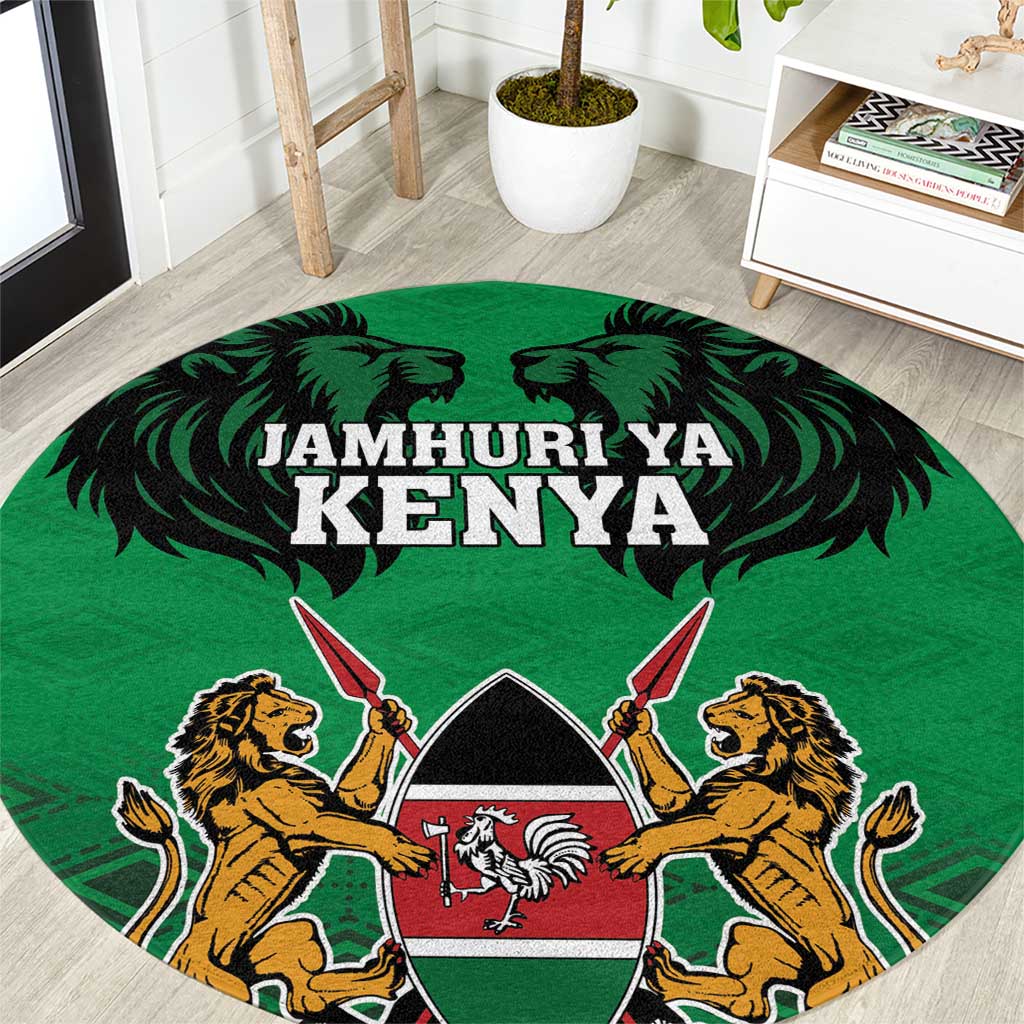 Round green area rug with lions and Jamuhuri ya Kenya text, coat of arms center