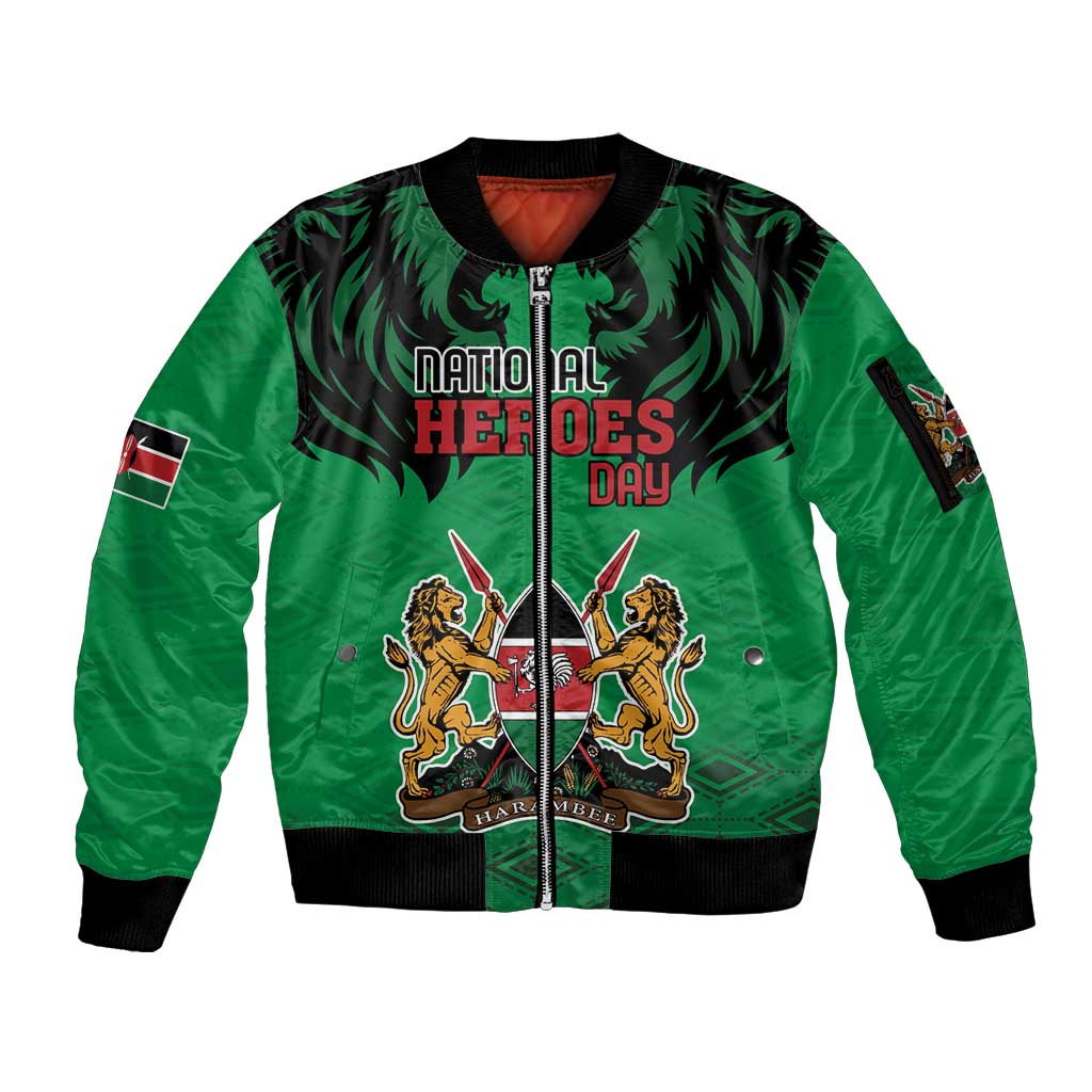 Kenya National Heroes Day Sleeve Zip Bomber Jacket Mashujaa With Lion Head And Coat Of Arms