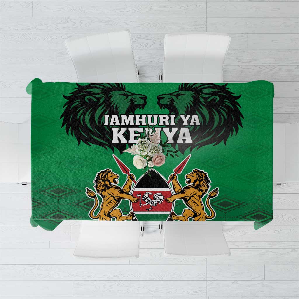 Green Kenya Heroes Day tablecloth with lion heads and coat of arms, centered design