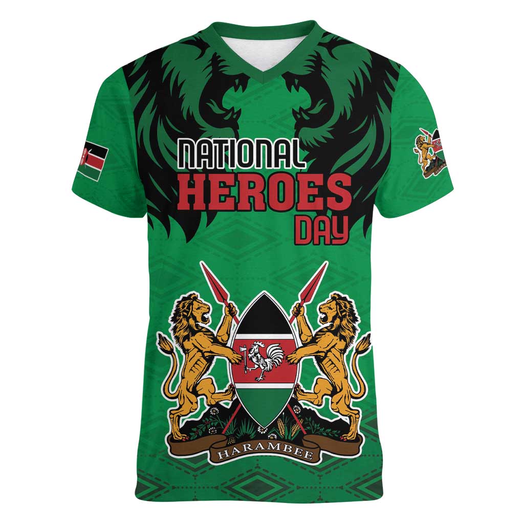 Kenya National Heroes Day Women V-Neck T-Shirt Mashujaa With Lion Head And Coat Of Arms