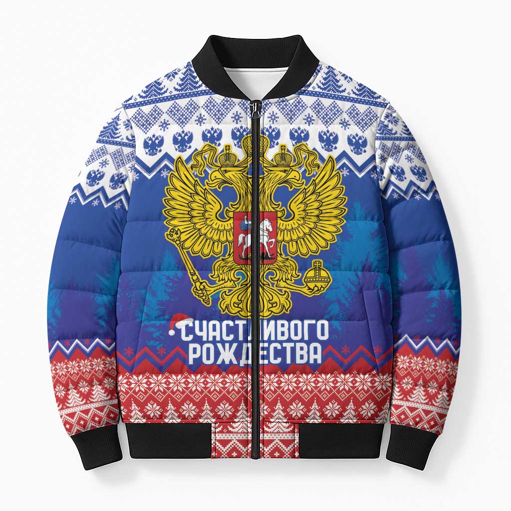 Russia Christmas Bomber Puffer Jacket Double Headed Eagle Christmas Patterns - Wonder Print Shop