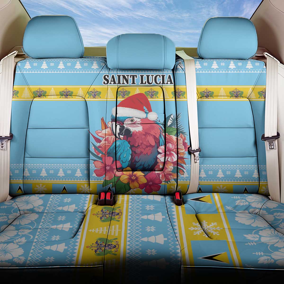 Saint Lucia Christmas Back Car Seat Cover Saint Lucian Parrot With Hibiscus Flowers - Wonder Print Shop