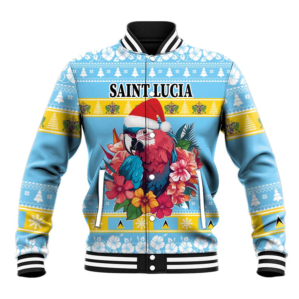 Unisex blue Christmas baseball jacket with Santa hat parrot and hibiscus flowers