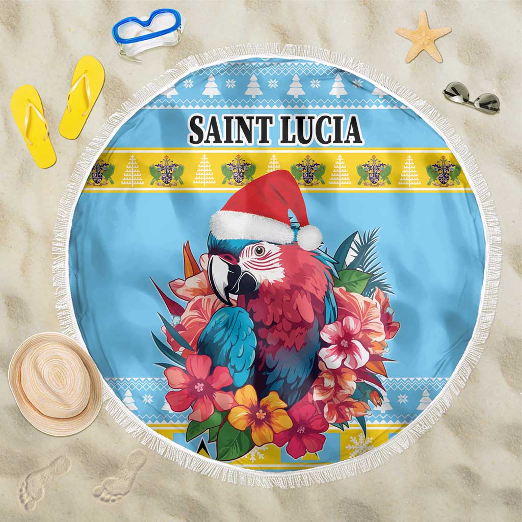 Round blue beach blanket with Saint Lucia text and red-blue parrot with hibiscus flowers