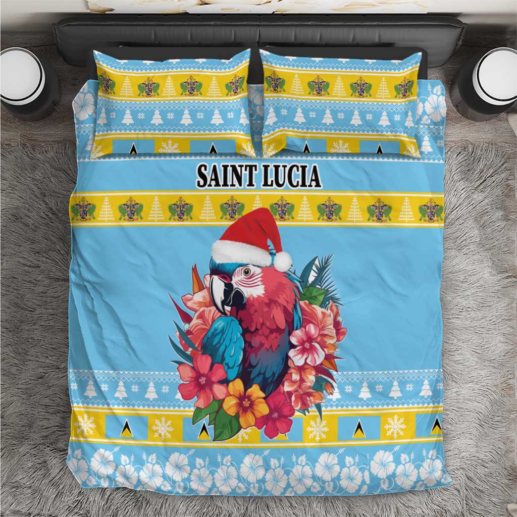 Blue Christmas bedding set: parrot in Santa hat with hibiscus, “SAINT LUCIA” headline