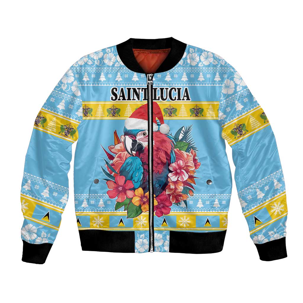 Saint Lucia Christmas Bomber Jacket Saint Lucian Parrot With Hibiscus Flowers - Wonder Print Shop