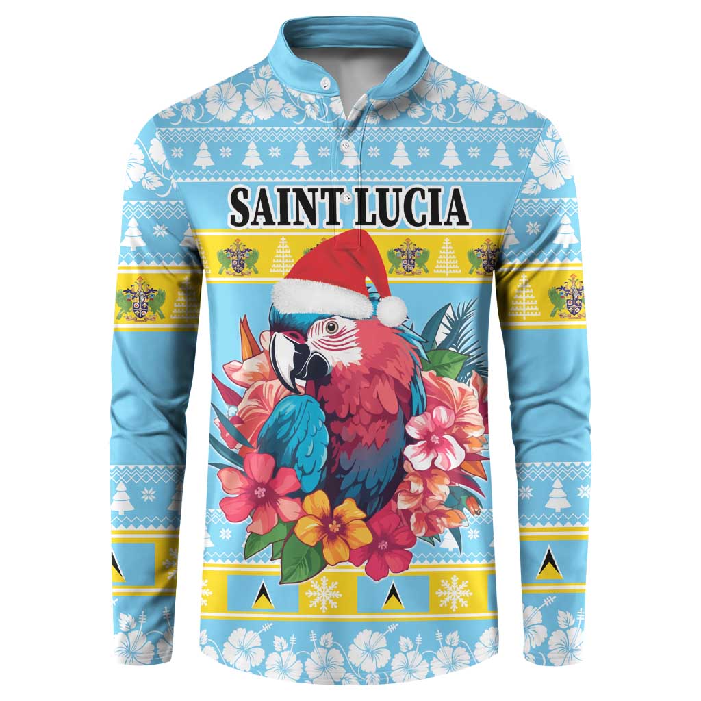 Light blue button-up sweatshirt with Saint Lucia parrot and hibiscus floral print