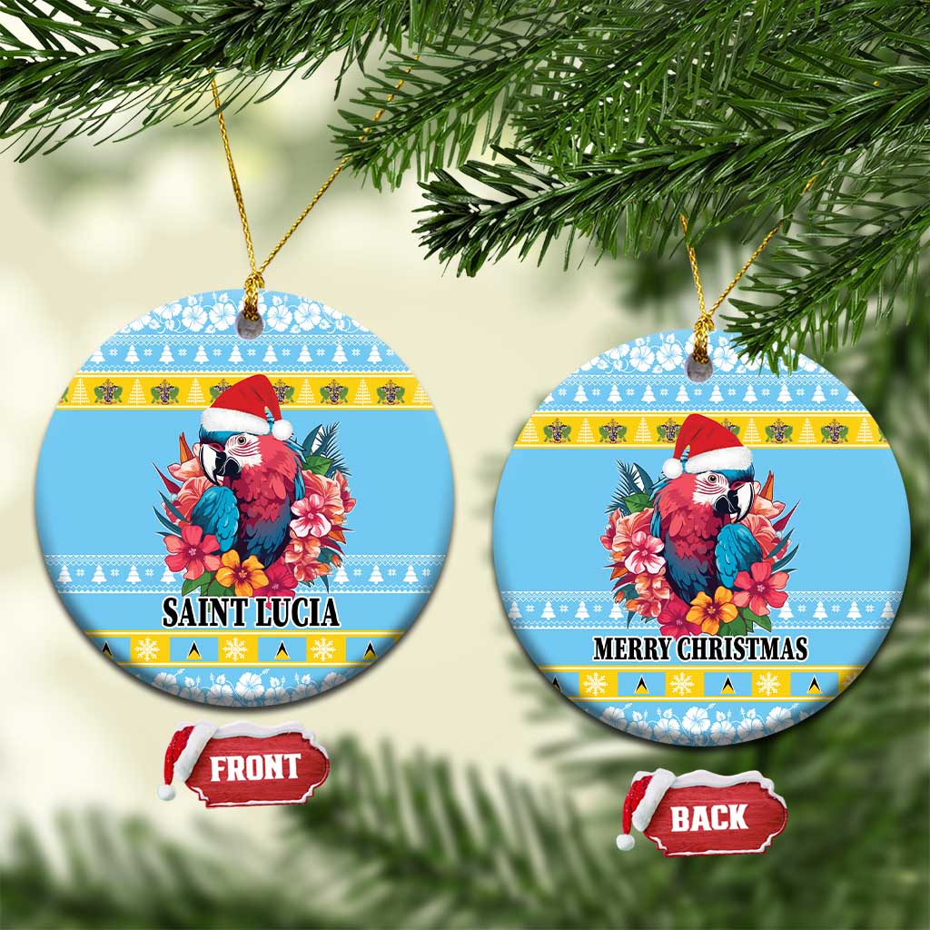 Round blue ceramic parrot ornament with hibiscus, Saint Lucia and Merry Christmas; front/back tags