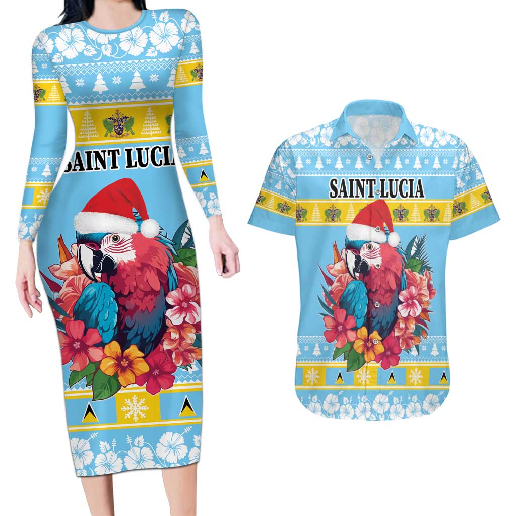 Saint Lucia Christmas Couples Matching Long Sleeve Bodycon Dress and Hawaiian Shirt Saint Lucian Parrot With Hibiscus Flowers - Wonder Print Shop