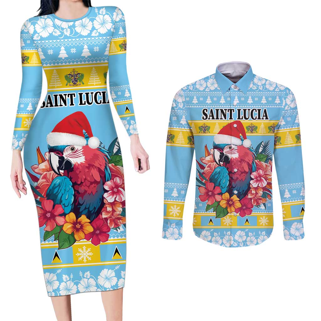 Saint Lucia Christmas Couples Matching Long Sleeve Bodycon Dress and Long Sleeve Button Shirt Saint Lucian Parrot With Hibiscus Flowers - Wonder Print Shop