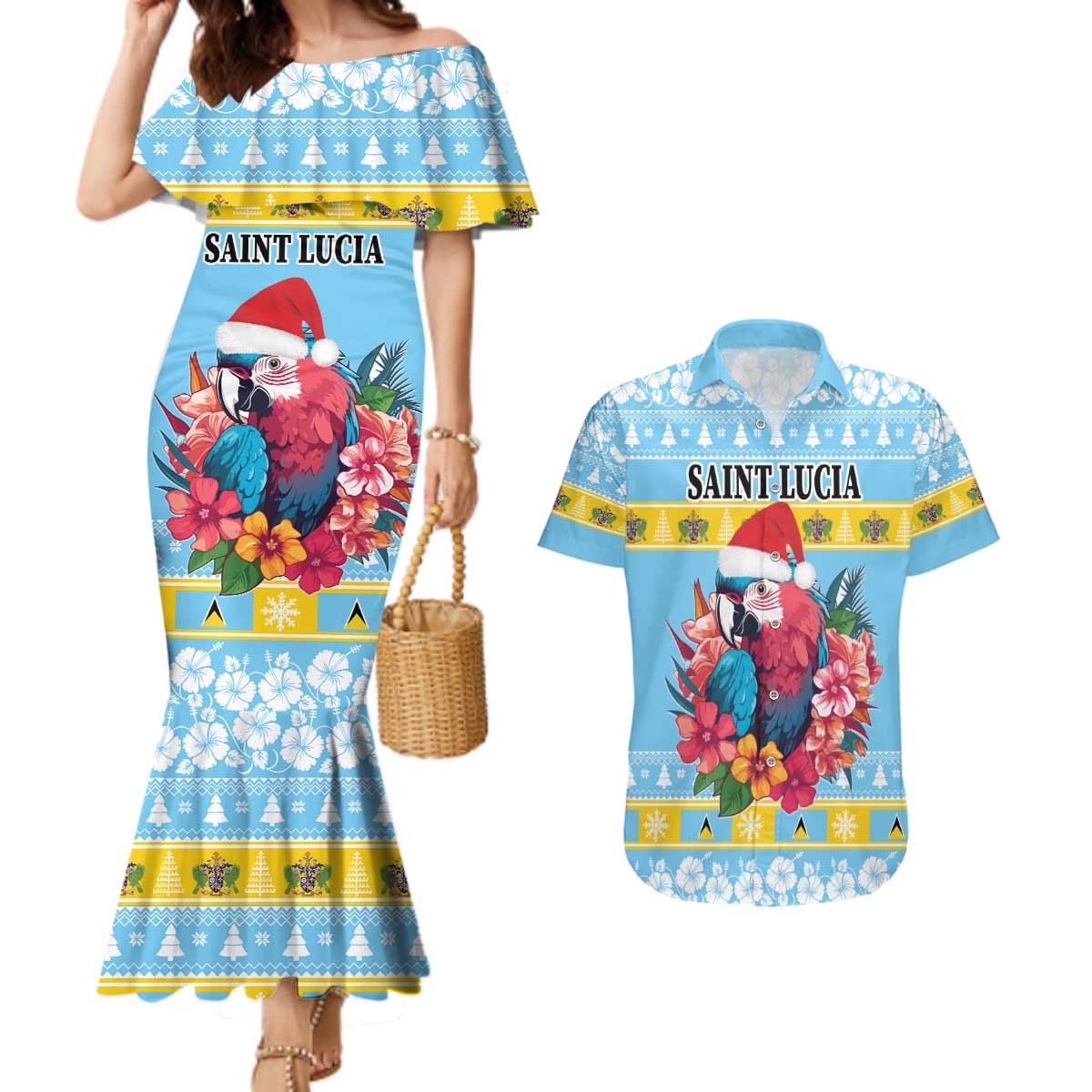 Saint Lucia Christmas Couples Matching Mermaid Dress and Hawaiian Shirt Saint Lucian Parrot With Hibiscus Flowers - Wonder Print Shop