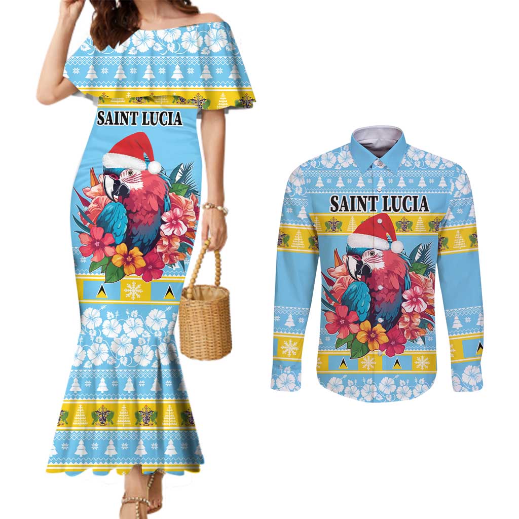 Saint Lucia Christmas Couples Matching Mermaid Dress and Long Sleeve Button Shirt Saint Lucian Parrot With Hibiscus Flowers