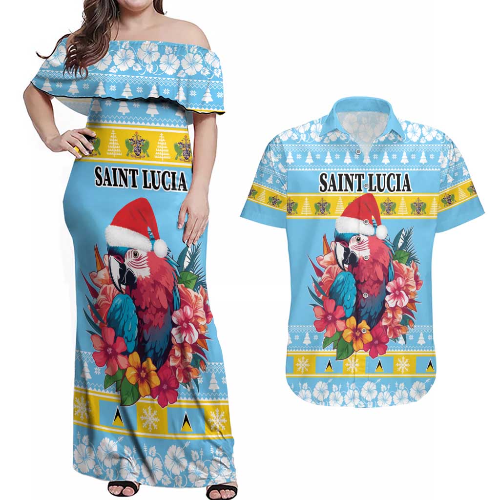 Saint Lucia Christmas Couples Matching Off Shoulder Maxi Dress and Hawaiian Shirt Saint Lucian Parrot With Hibiscus Flowers - Wonder Print Shop