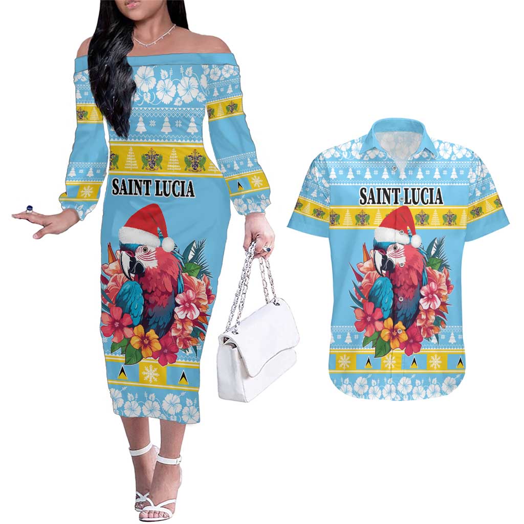 Saint Lucia Christmas Couples Matching Off The Shoulder Long Sleeve Dress and Hawaiian Shirt Saint Lucian Parrot With Hibiscus Flowers - Wonder Print Shop