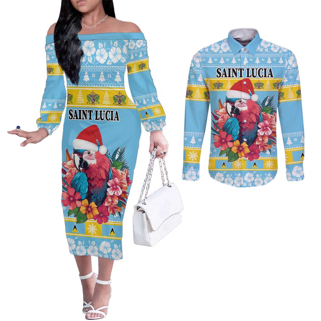 Saint Lucia Christmas Couples Matching Off The Shoulder Long Sleeve Dress and Long Sleeve Button Shirt Saint Lucian Parrot With Hibiscus Flowers