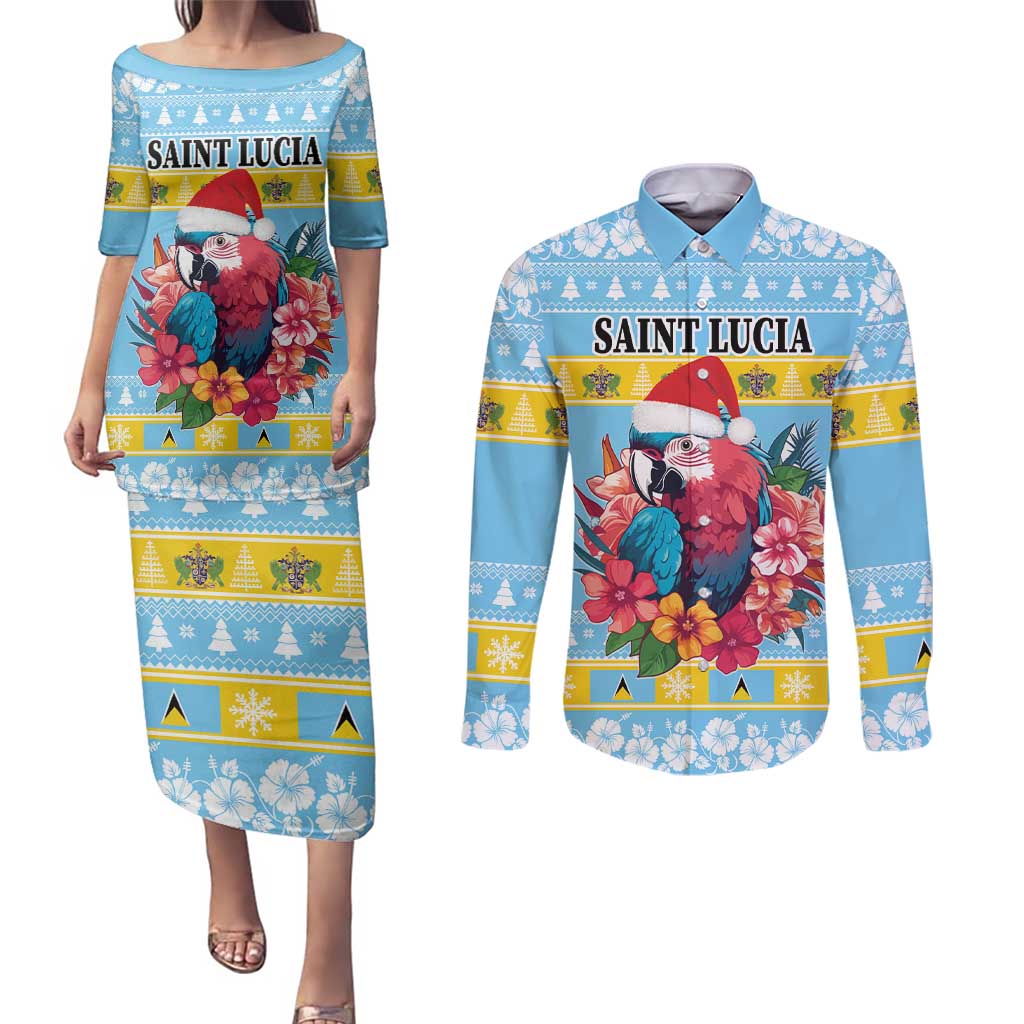 Saint Lucia Christmas Couples Matching Puletasi and Long Sleeve Button Shirt Saint Lucian Parrot With Hibiscus Flowers - Wonder Print Shop