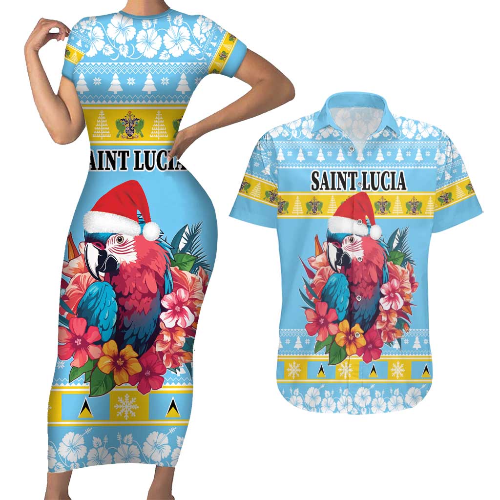 Saint Lucia Christmas Couples Matching Short Sleeve Bodycon Dress and Hawaiian Shirt Saint Lucian Parrot With Hibiscus Flowers - Wonder Print Shop