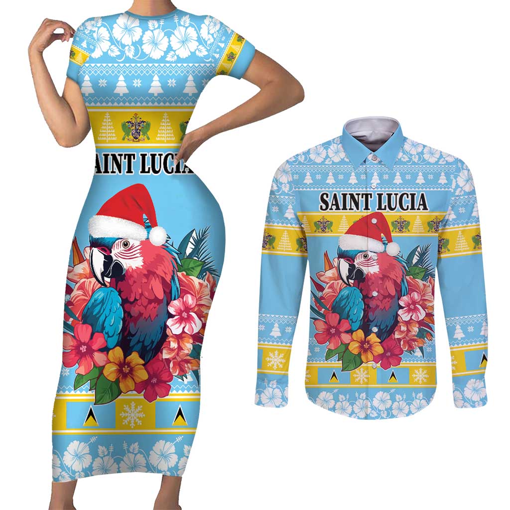 Saint Lucia Christmas Couples Matching Short Sleeve Bodycon Dress and Long Sleeve Button Shirt Saint Lucian Parrot With Hibiscus Flowers - Wonder Print Shop