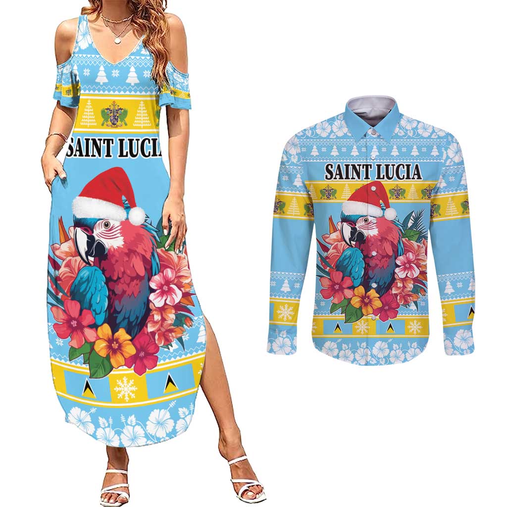 Saint Lucia Christmas Couples Matching Summer Maxi Dress and Long Sleeve Button Shirt Saint Lucian Parrot With Hibiscus Flowers - Wonder Print Shop