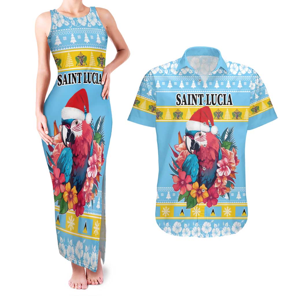 Saint Lucia Christmas Couples Matching Tank Maxi Dress and Hawaiian Shirt Saint Lucian Parrot With Hibiscus Flowers - Wonder Print Shop