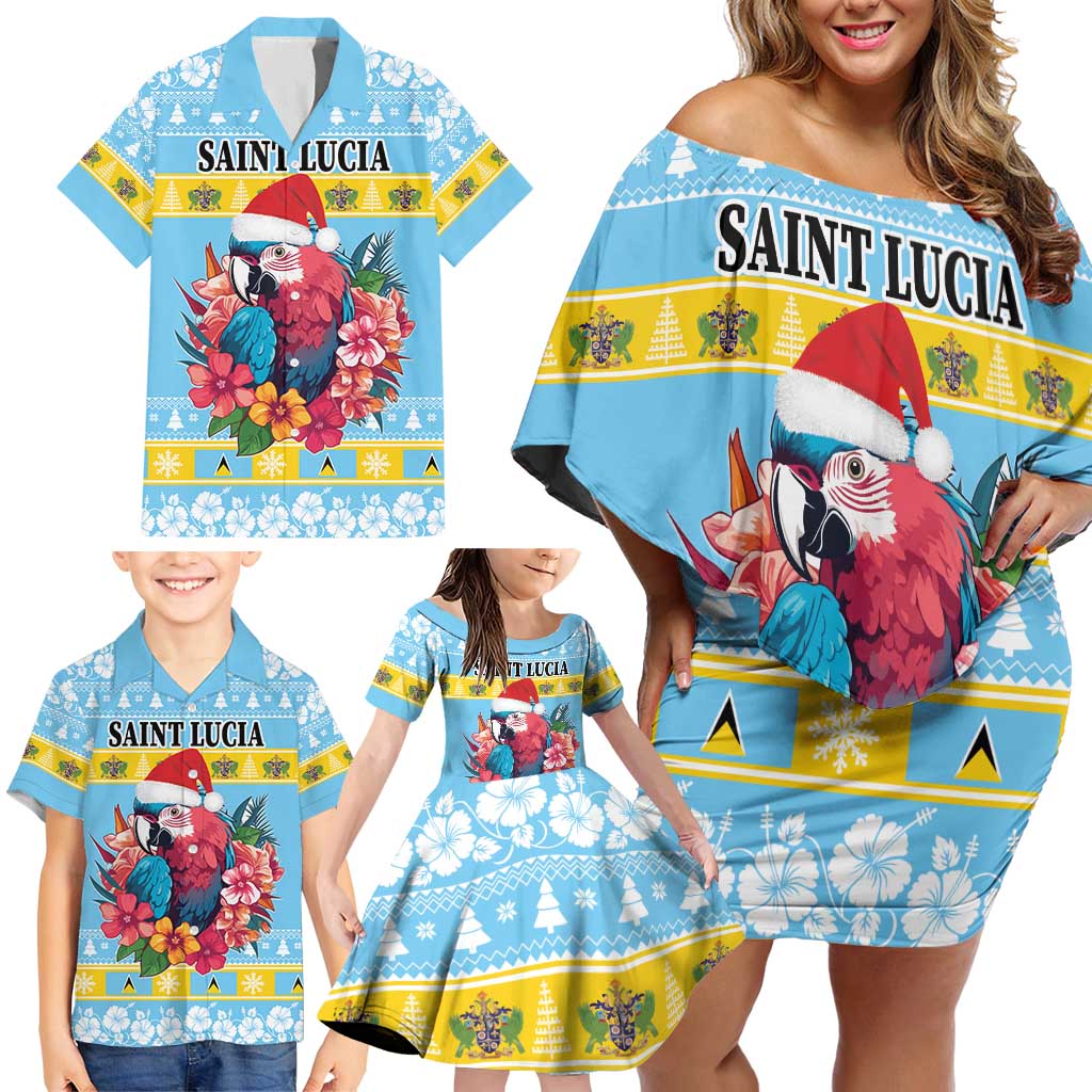 Saint Lucia Christmas Family Matching Off Shoulder Short Dress and Hawaiian Shirt Saint Lucian Parrot With Hibiscus Flowers - Wonder Print Shop