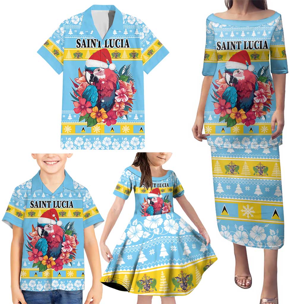 Saint Lucia Christmas Family Matching Puletasi and Hawaiian Shirt Saint Lucian Parrot With Hibiscus Flowers - Wonder Print Shop