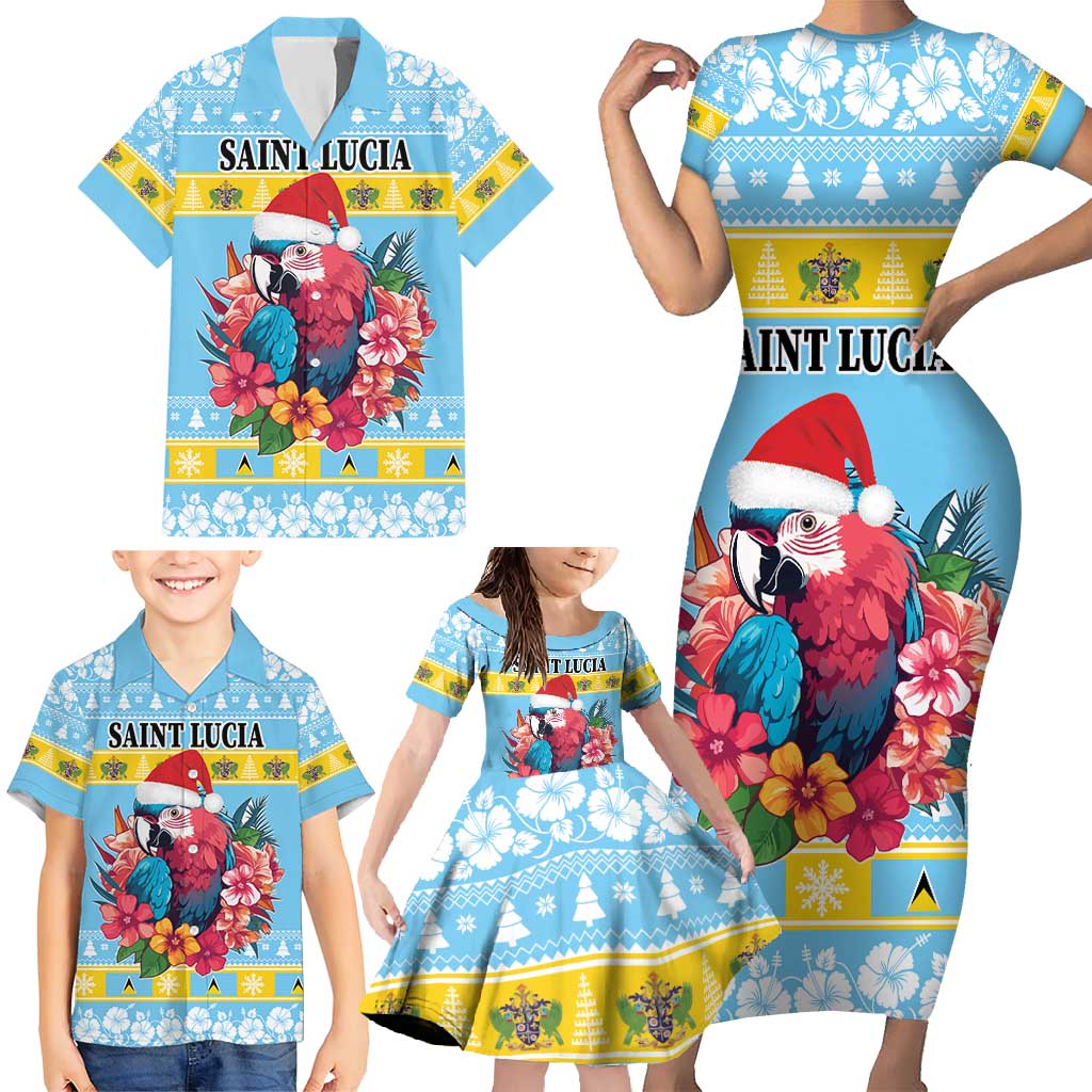 Saint Lucia Christmas Family Matching Short Sleeve Bodycon Dress and Hawaiian Shirt Saint Lucian Parrot With Hibiscus Flowers - Wonder Print Shop